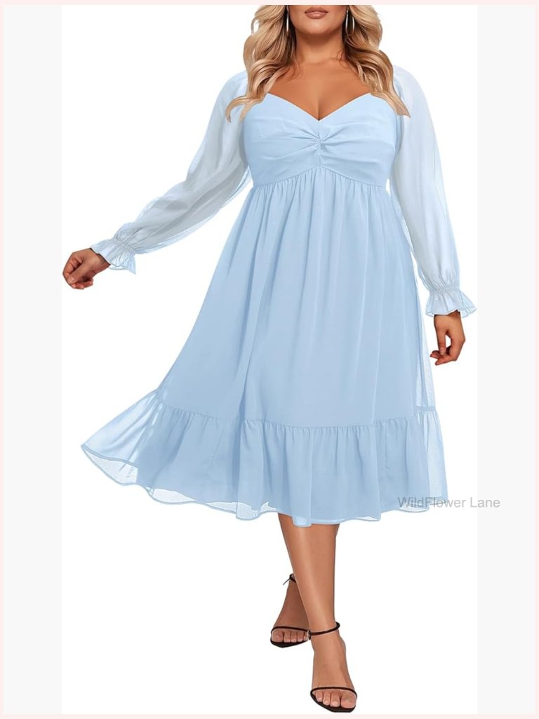 Plus Size Sweetheart Long Sleeve Chiffon Midi Dress A-Line Empire Waist